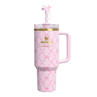Elegant Termokopp med Håndtak – Temperaturbevarende 1,2L Tumbler med Sugerør  – Rosa Rosetter