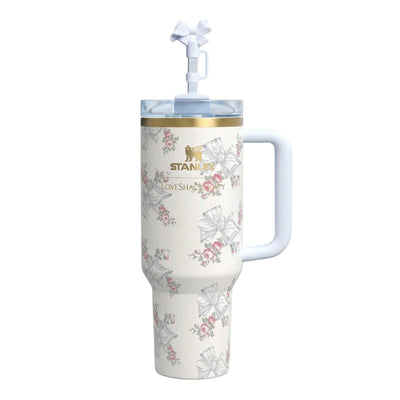 Elegant Termokopp med Håndtak – Temperaturbevarende 1,2L Tumbler med Sugerør - Grå Rosett & Blomster