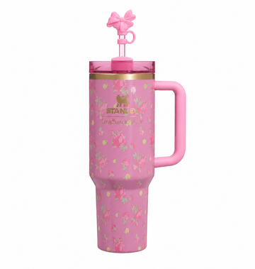 Elegant Termokopp med Håndtak – Temperaturbevarende 1,2L Tumbler med Sugerør – Rosa Roser