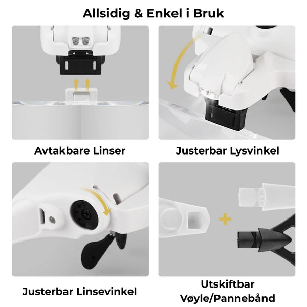 Multifunksjonelle briller med LED-lampe og 5 forstørrelsesnivåer for puslespill og nært arbeid