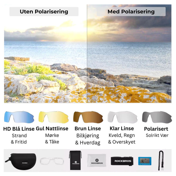 Cykelbriller med 5 Linser – Polariserte Sportsbriller med UV400, Slagsterke Linser & Styrkeinnsats